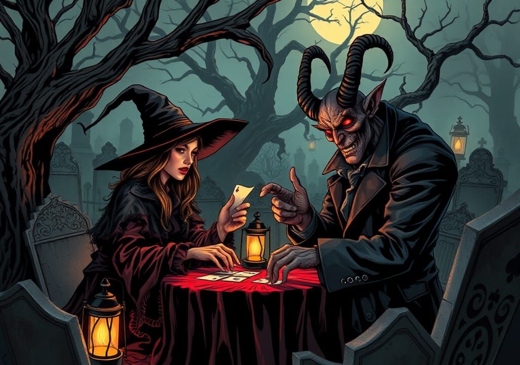 Witch and Demon Play Poker in Cemetery, Comic Book Art