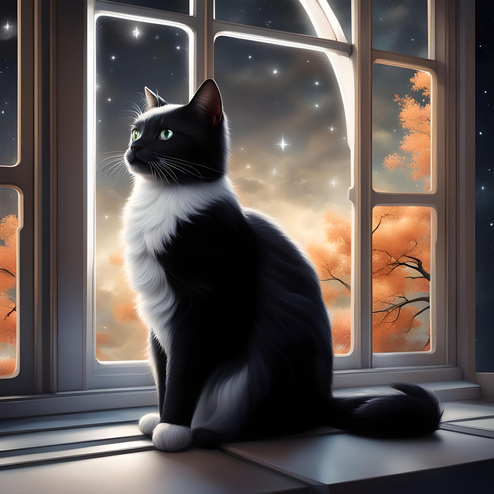 Contemplative Cat Gazing at Moonlit Sky