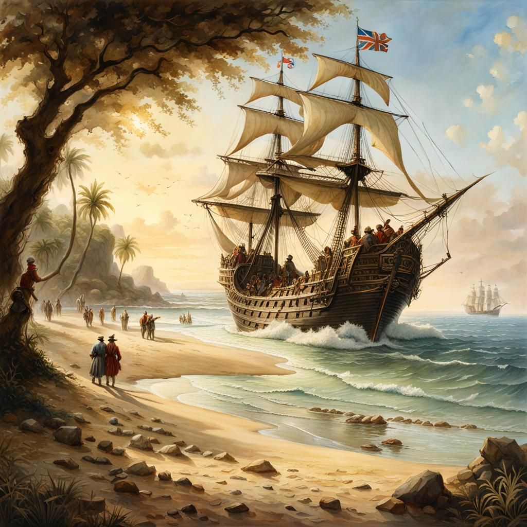 Colonists Arriving in Barbados: Watercolor Painting