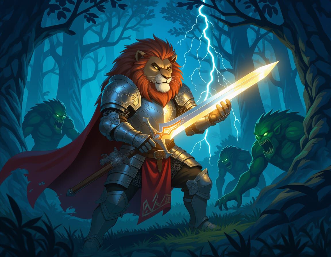 Lion Knight Defiant Against Shadowy Forest Monsters