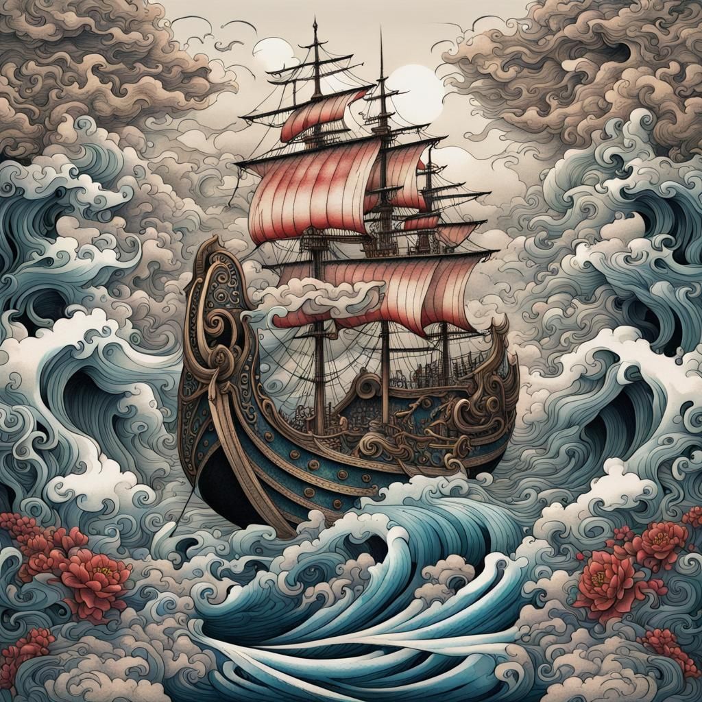 Viking Ship Tattoo in Japanese Ink Style