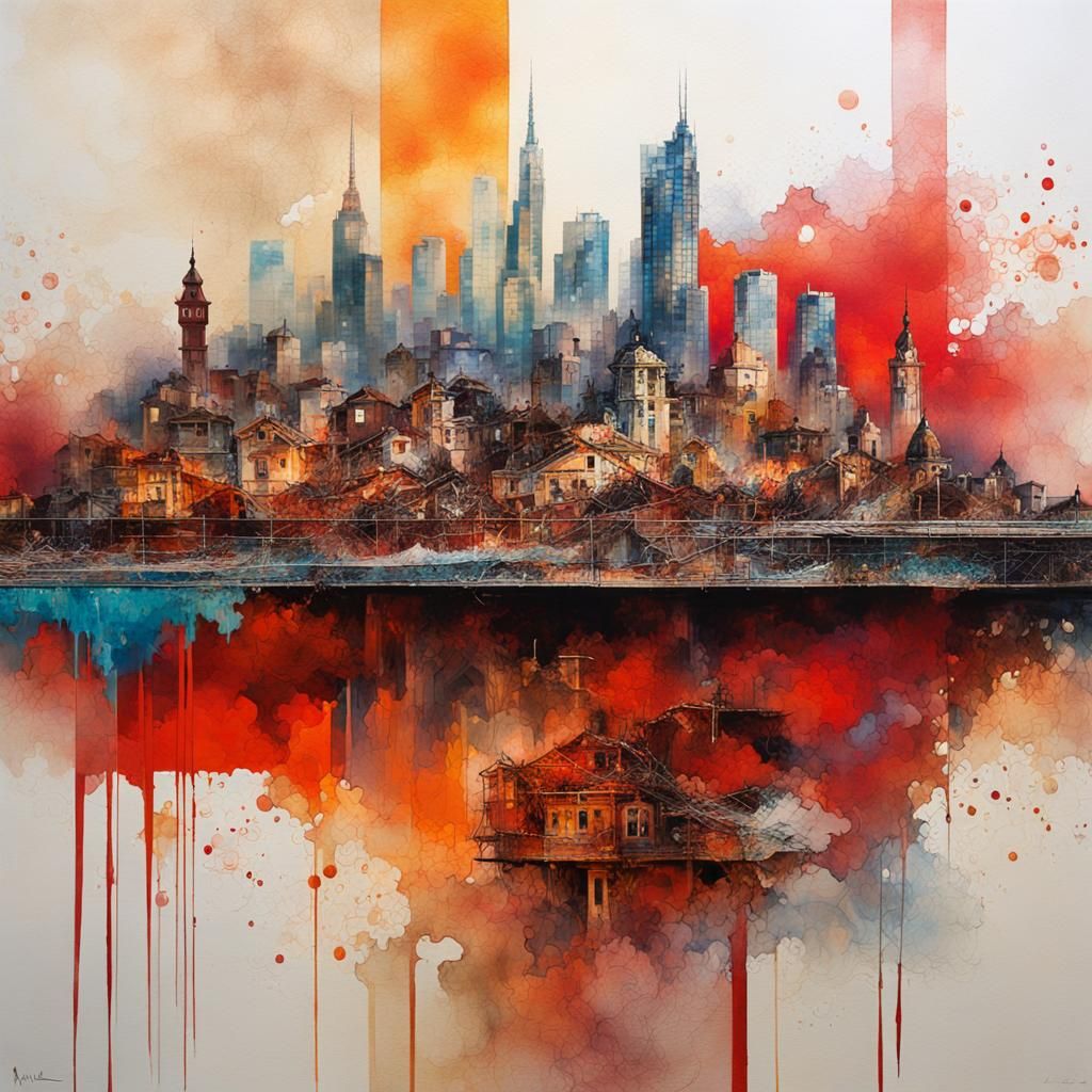 Double Exposure: City Wave in Mosaic, Watercolour Style