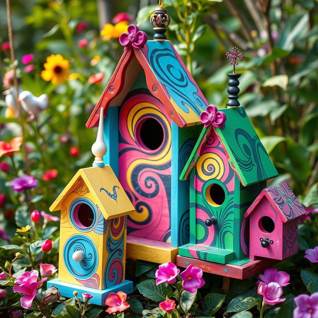 Vibrant Birdhouses in Surreal Digital Art Style
