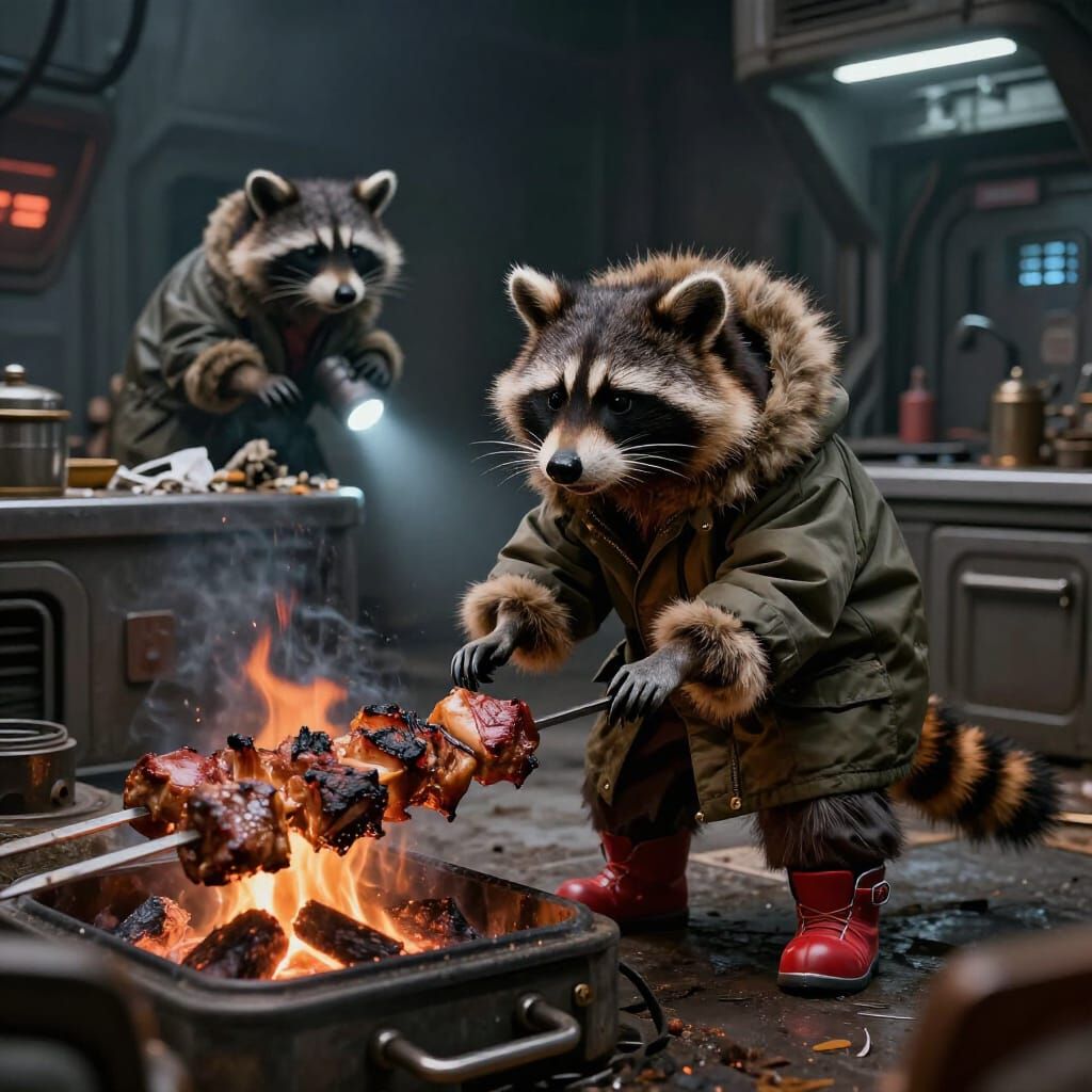 Raccoon Chef Cooks Alien Beast in Spaceship Kitchen
