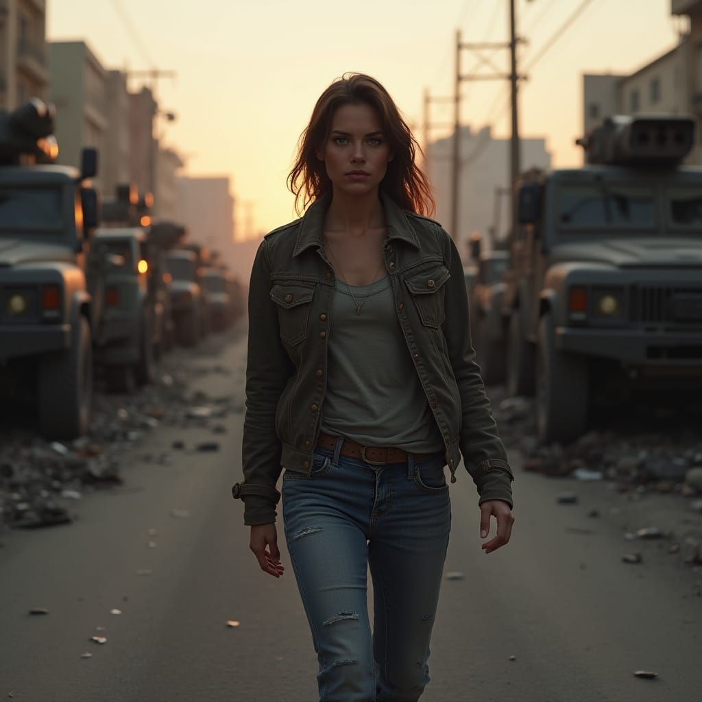 Hyper Realistic Woman in Dystopian City Street Action Scene