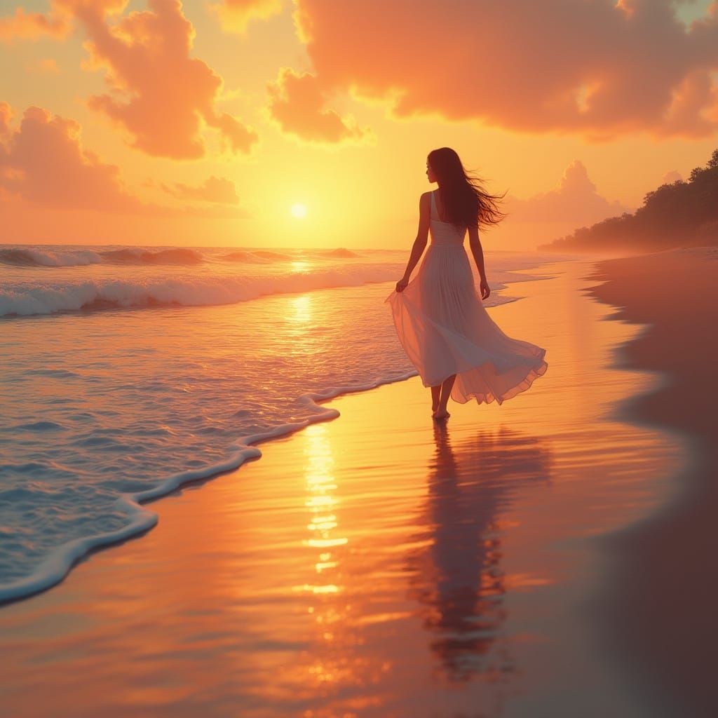 Woman on Peaceful Beach at Sunset in Dreamy Style