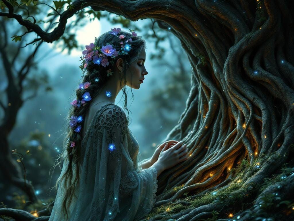 Ethereal Druid Communion in Moonlit Forest