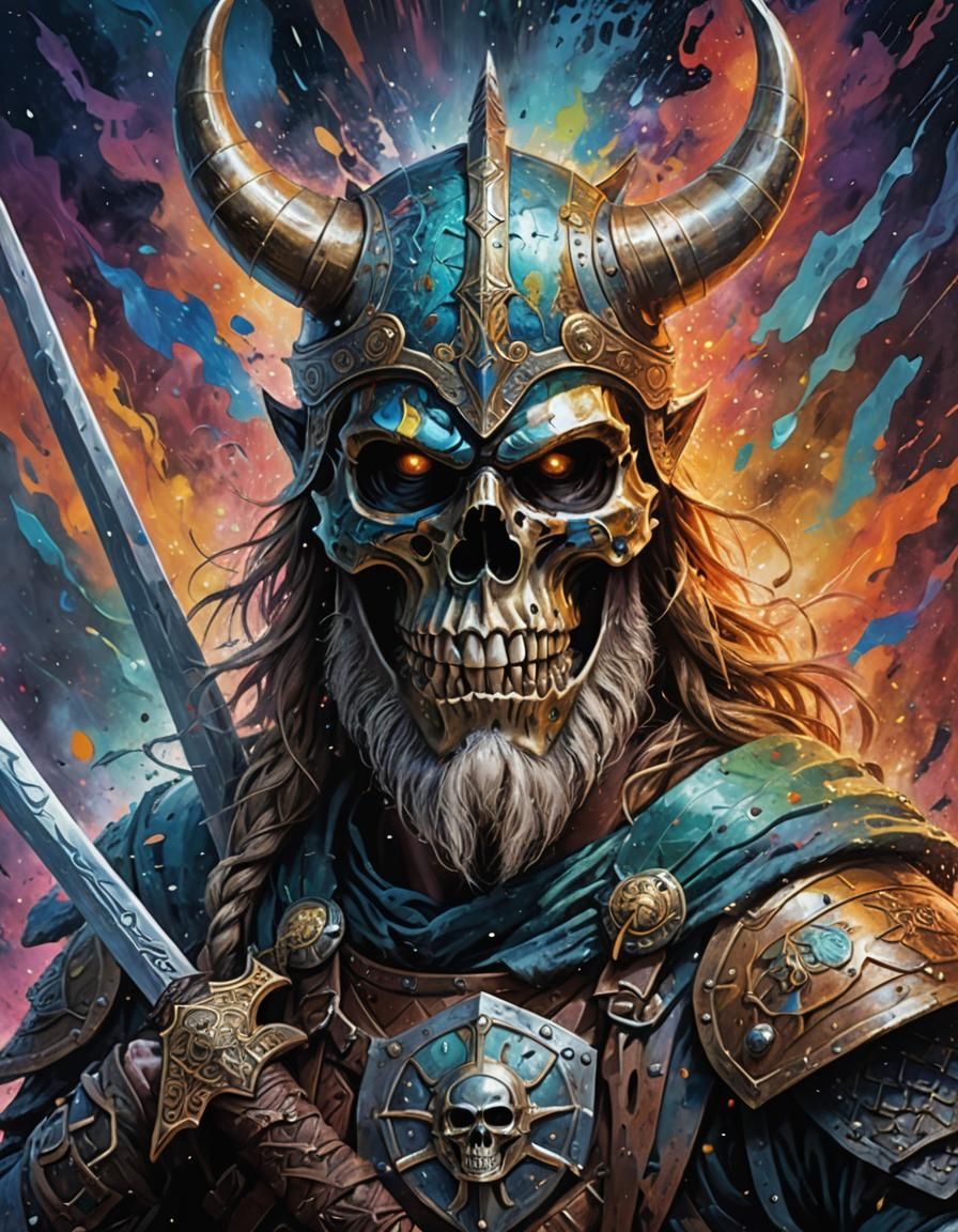 Viking Skull Portrait with Dragon in Astral Illustration