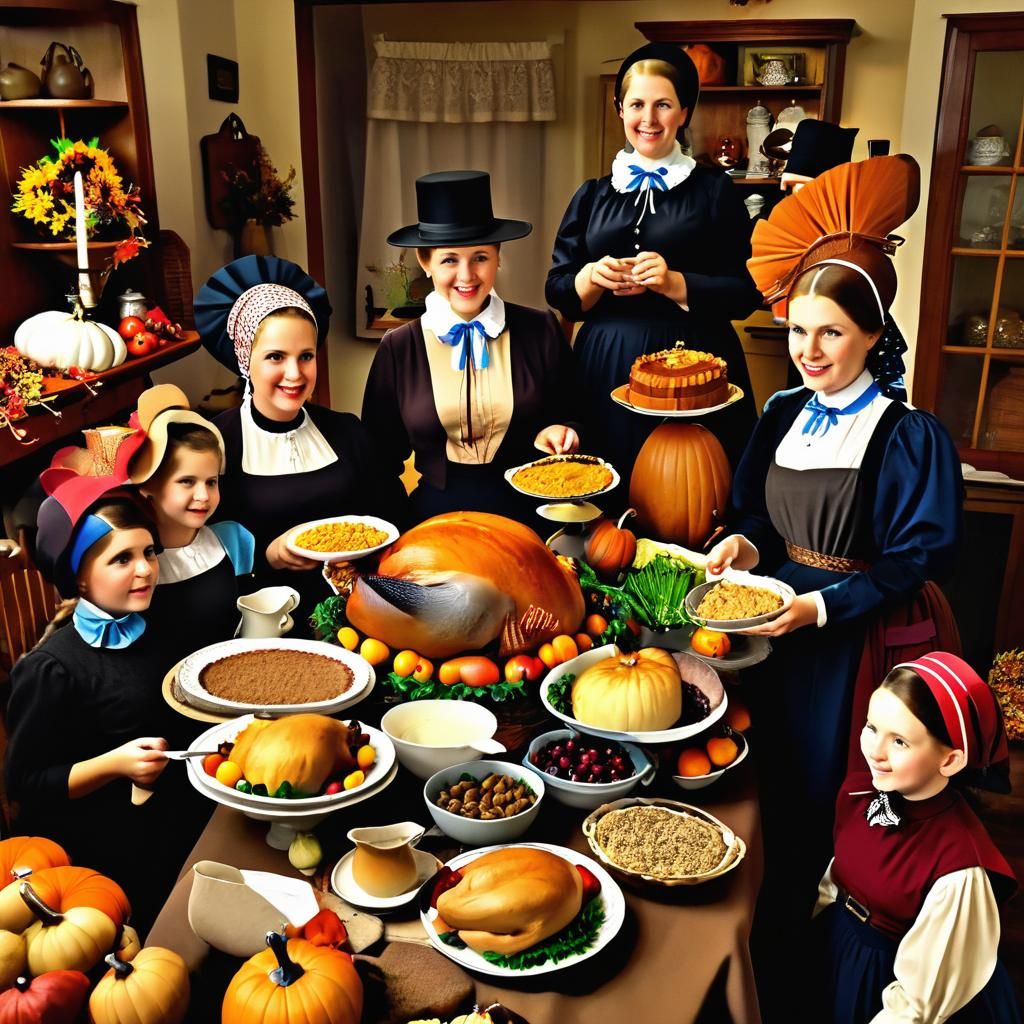 (Beautiful voluptuous pilgrim amish Mennonite displaying Thanksgiving spread in a modest quaint home:1.5)