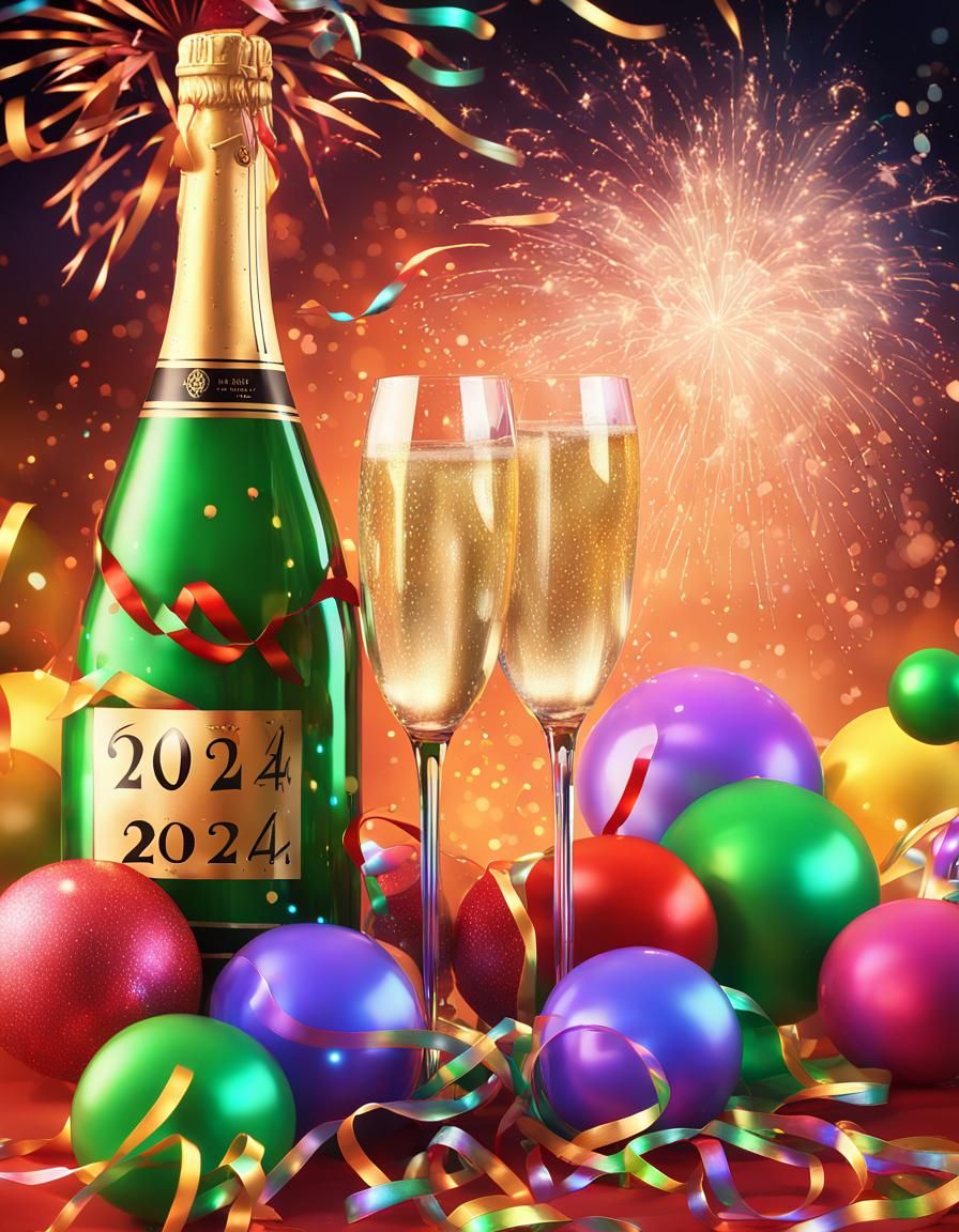 2024 New Year Card with Fireworks in Hyperrealism