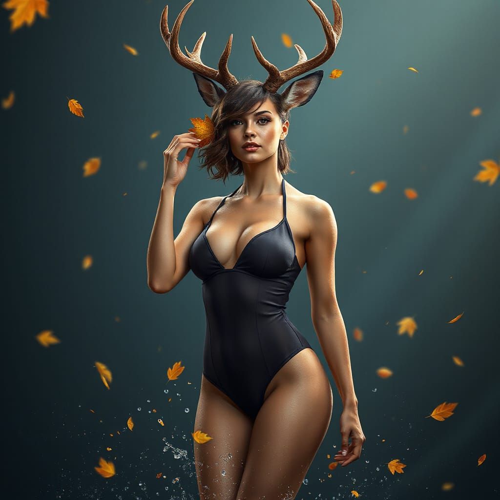 Alluring Deer Woman in Autumn Swimsuit - Concept Art