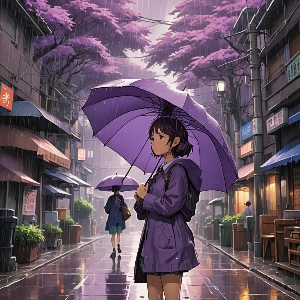 Anime Girl in Rain with Purple Umbrella