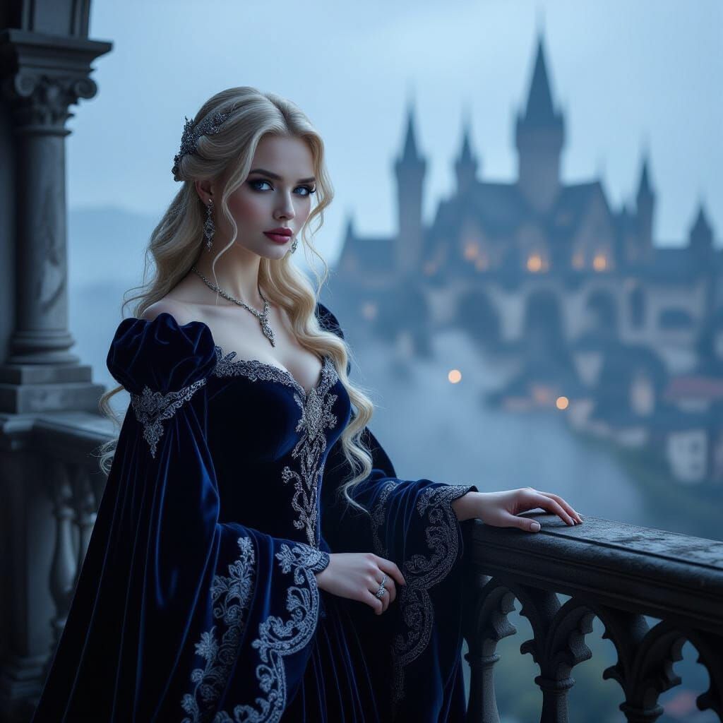 Regal Woman on Gothic Balcony in Midnight Blue Gown