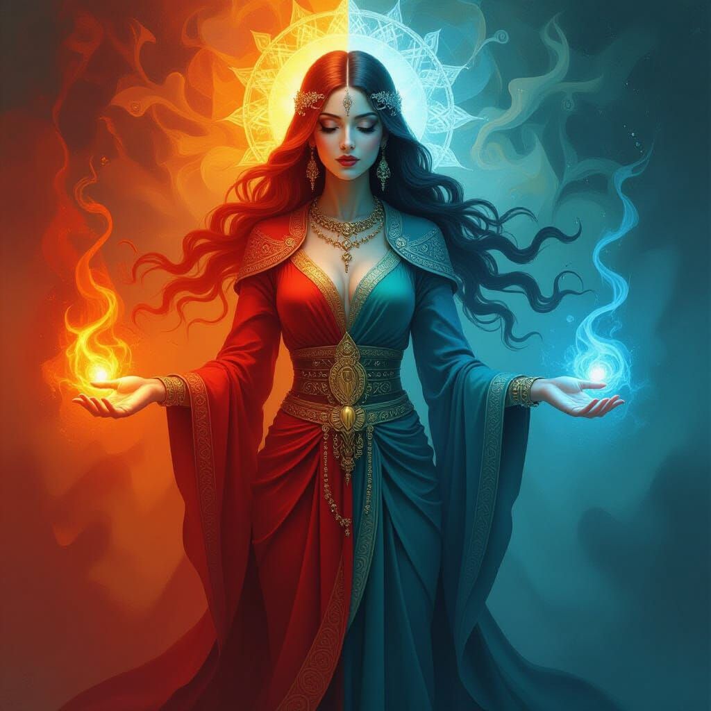 Spiritual Priestess: Fire and Water Harmony Oil Painting