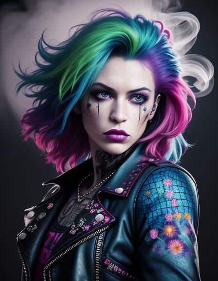 Punk Rocker Portrait with Flowers in 80s Style