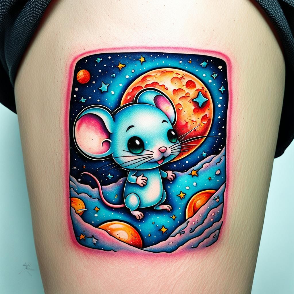 Aqua Chibi Mouse on Moon Tattoo Design