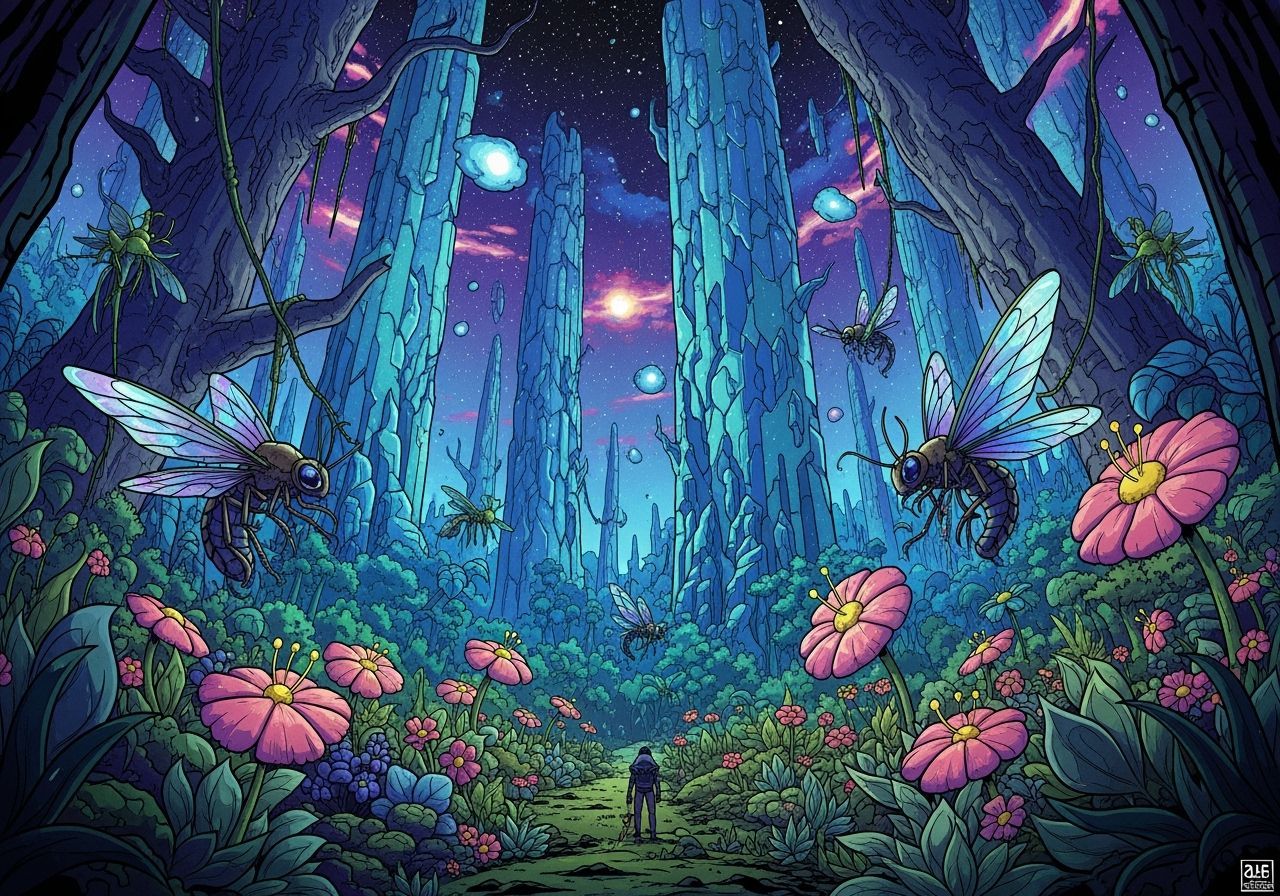 Alien Jungle With Crystalline Trees Under Nebula Sky