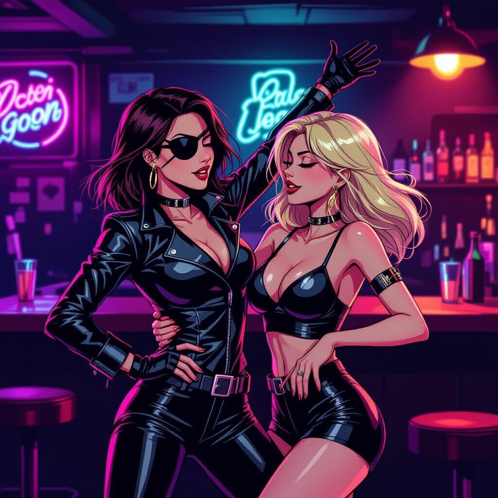 Women Dancing in Leather and Eyepatch in Neon Bar