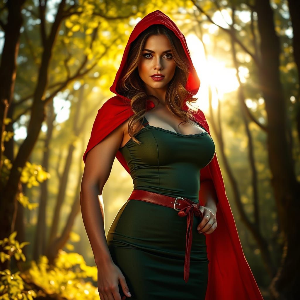 Muscular Little Red Riding Hood in Sunlit Forest