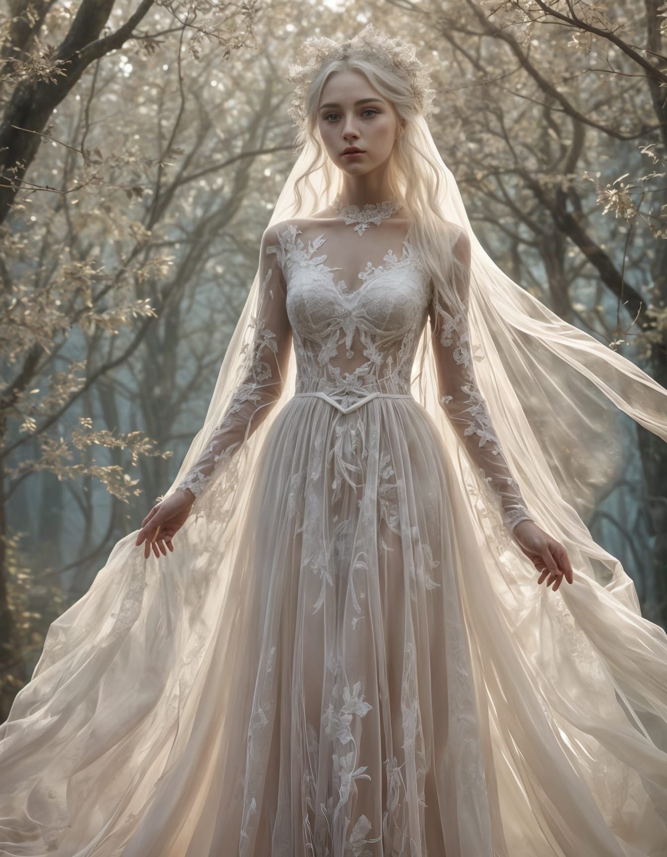 Ethereal Ghost Goddess in Misty Forest, Fantasycore Art