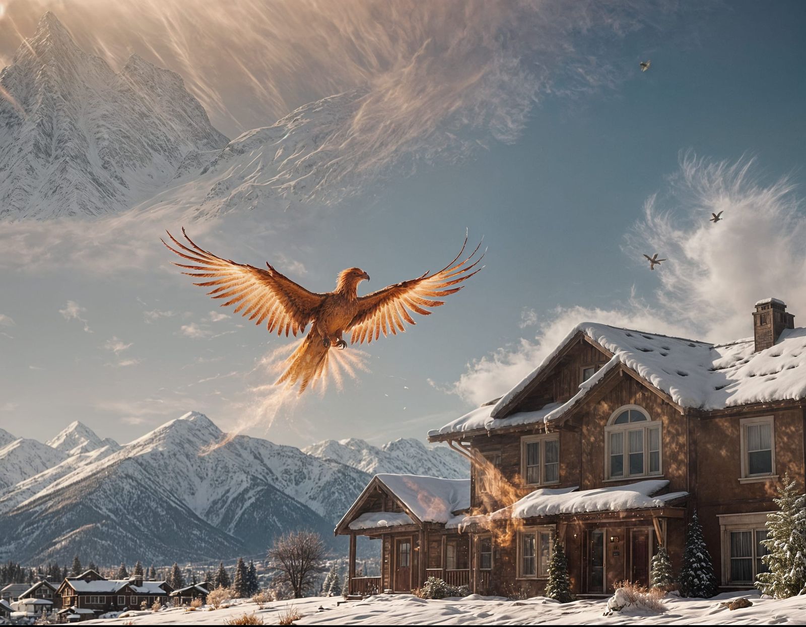Flaming Phoenix Over Snowy Mountain Home