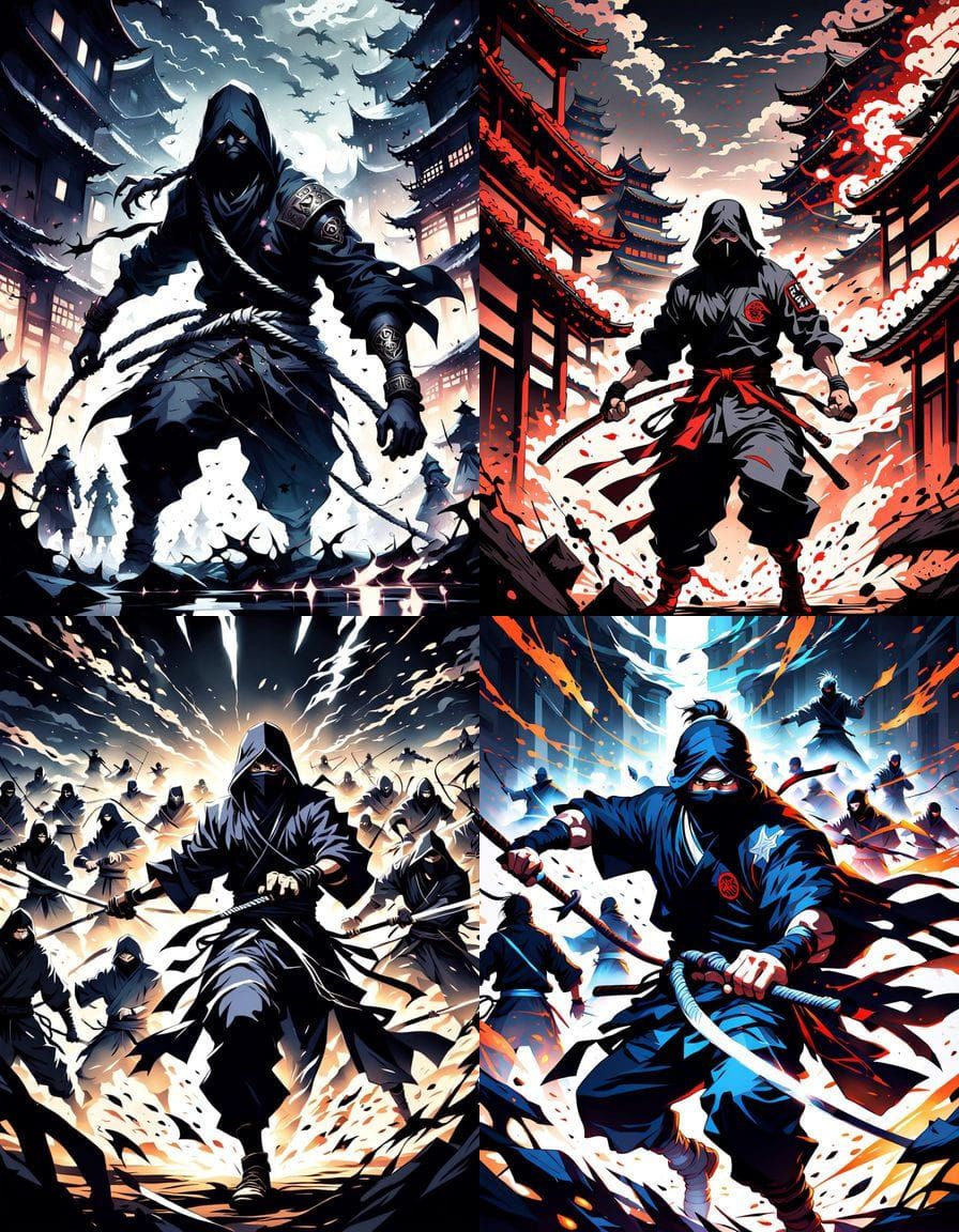 Shadow Ninjas Bind Enemy in Anime Style