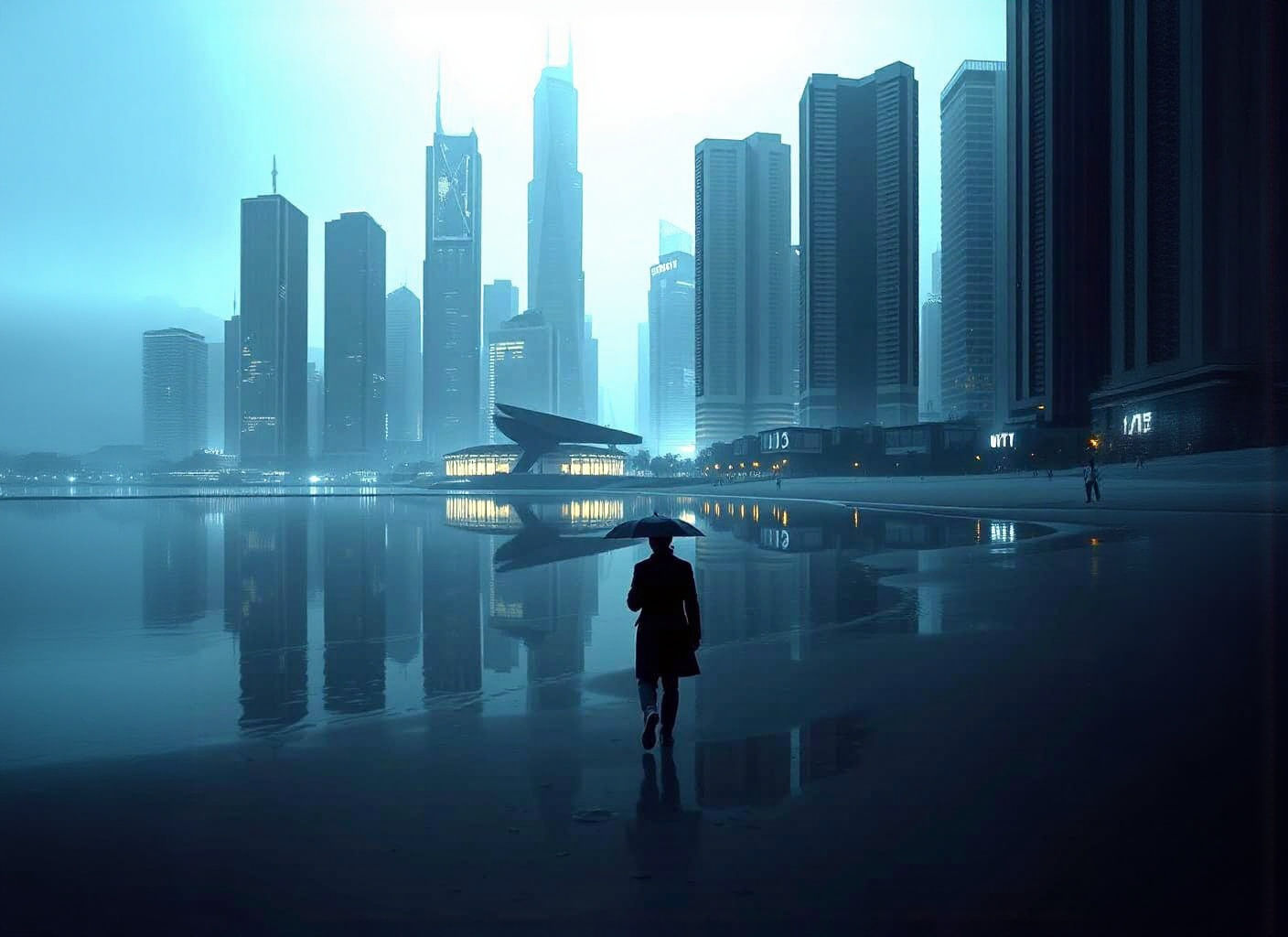 Melancholic Figure Walks Toward Futuristic City