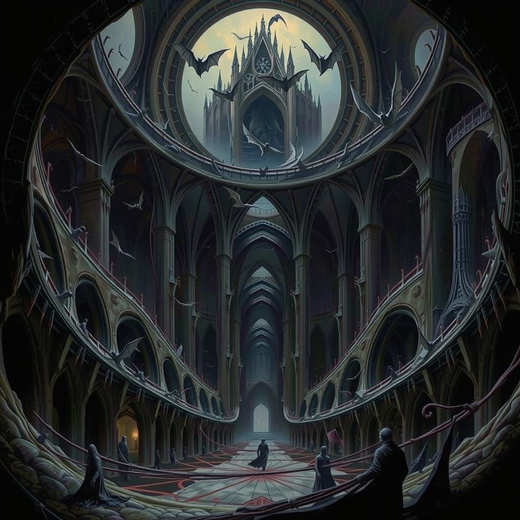 Ethereal Bats Unfurl in a Twisting, Cyclopean Cathedral