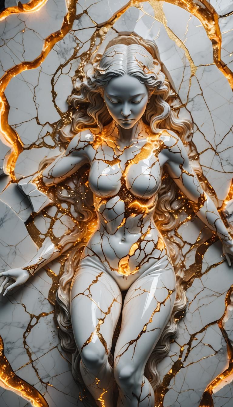Glowing Marble Statue with Fire Tattoos in Kintsugi Style