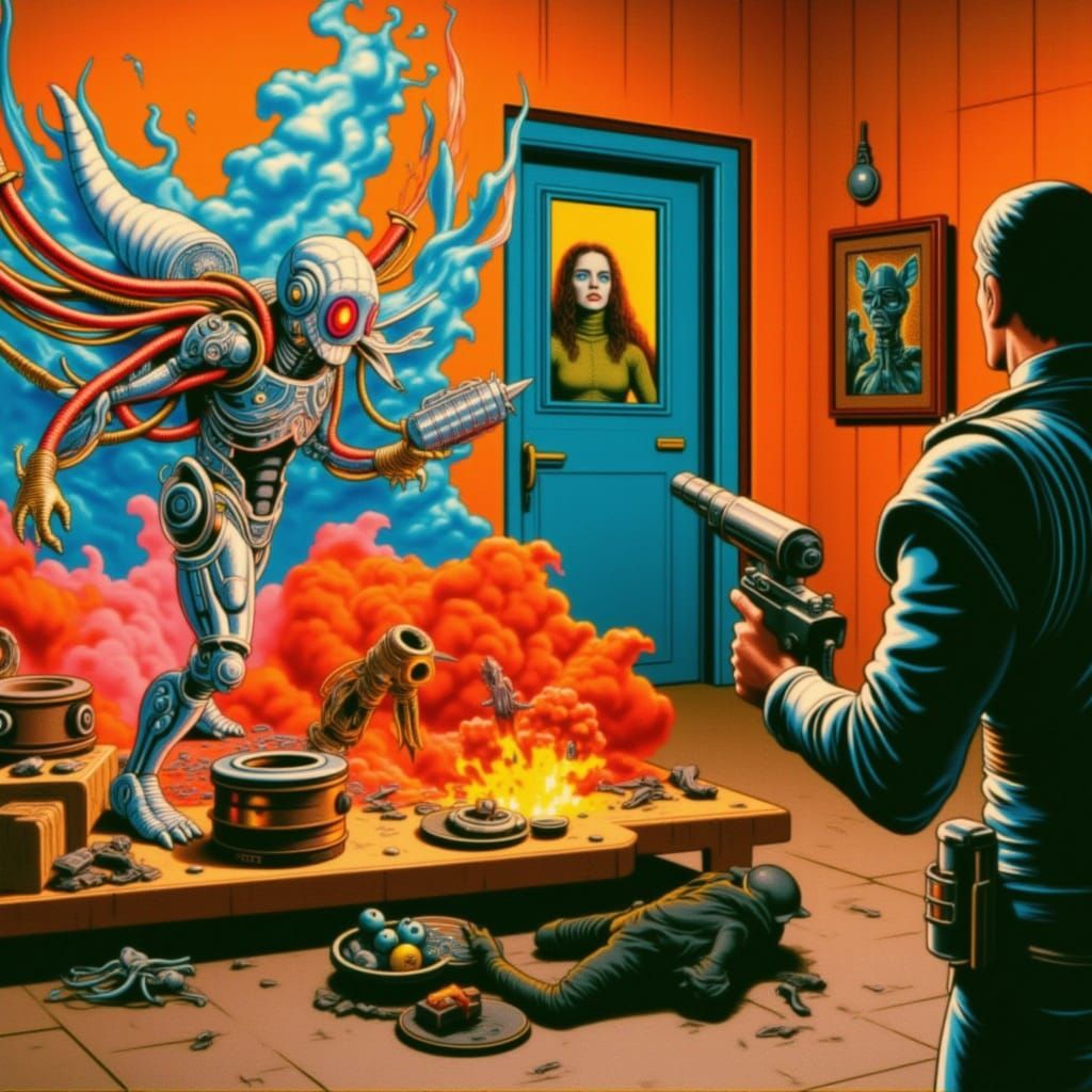 Cyborg Wolf Bounty Hunter in Dark, Gritty Space Scene