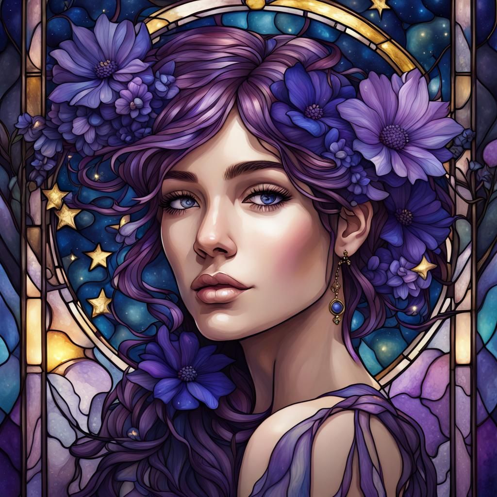 Stained Glass Portrait with Flowers in Alcohol Ink