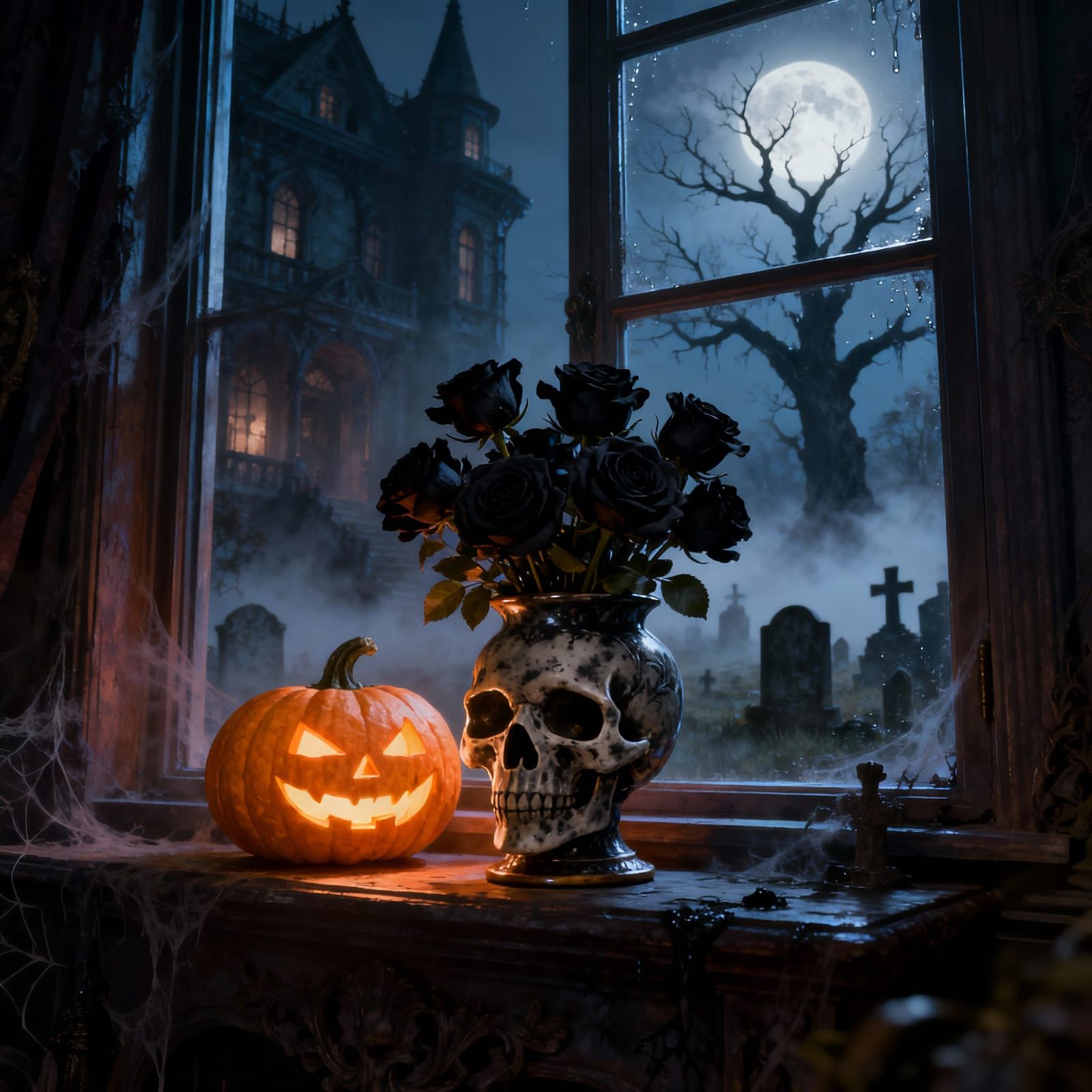 Gothic Mansion Scene with Black Roses and Moonlit Graveyard