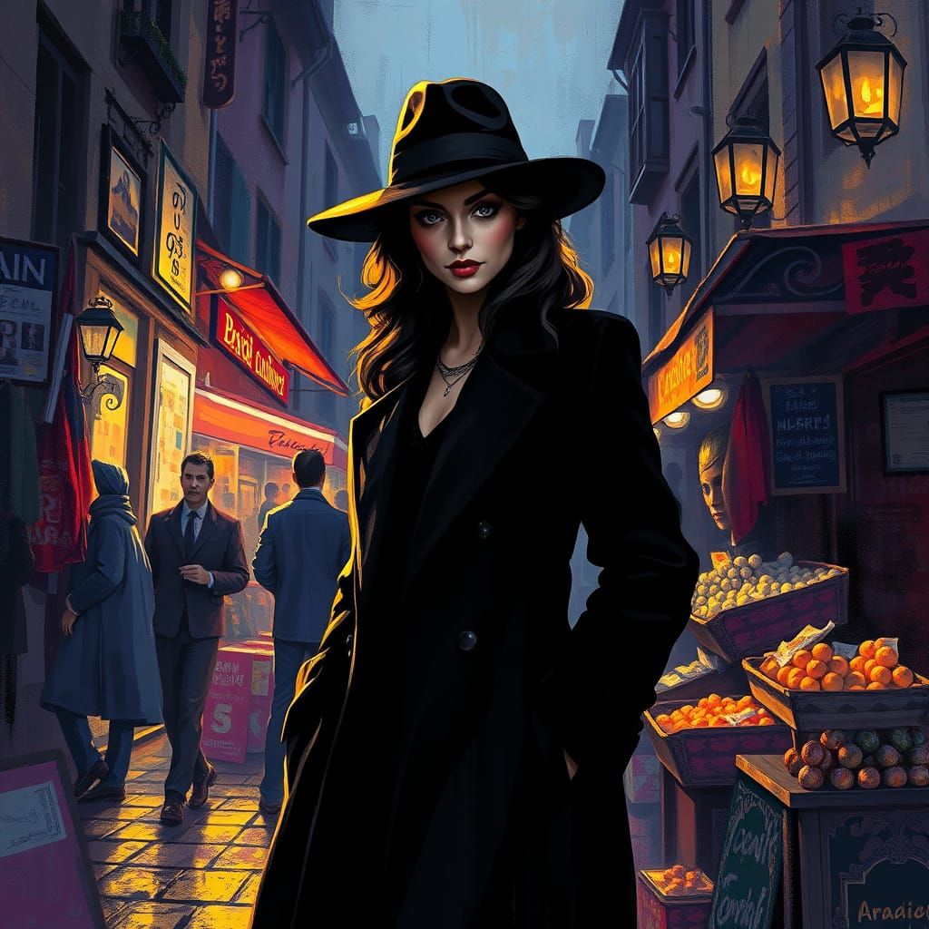 Noir Cubist Market Scene in Dark Fantasy Style