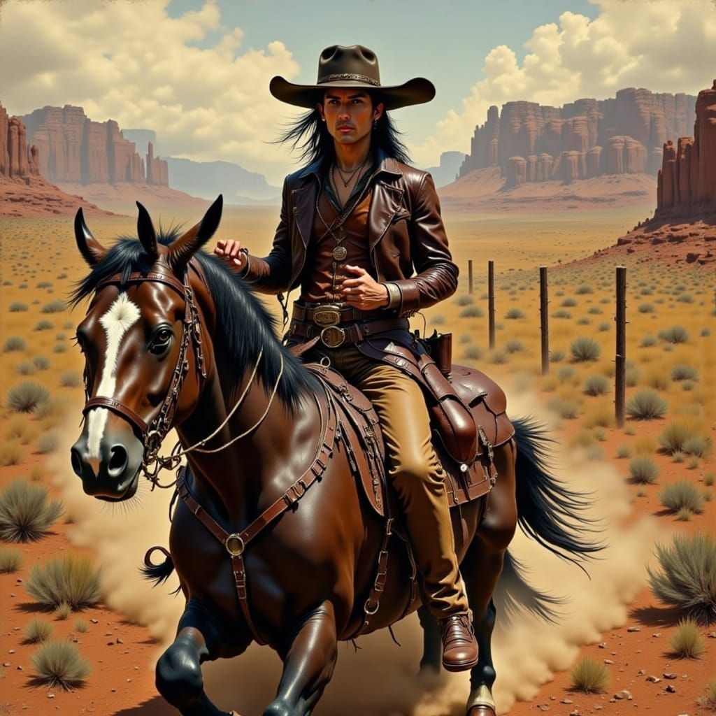 Old West Cowboy in Leather Hat and Chaps