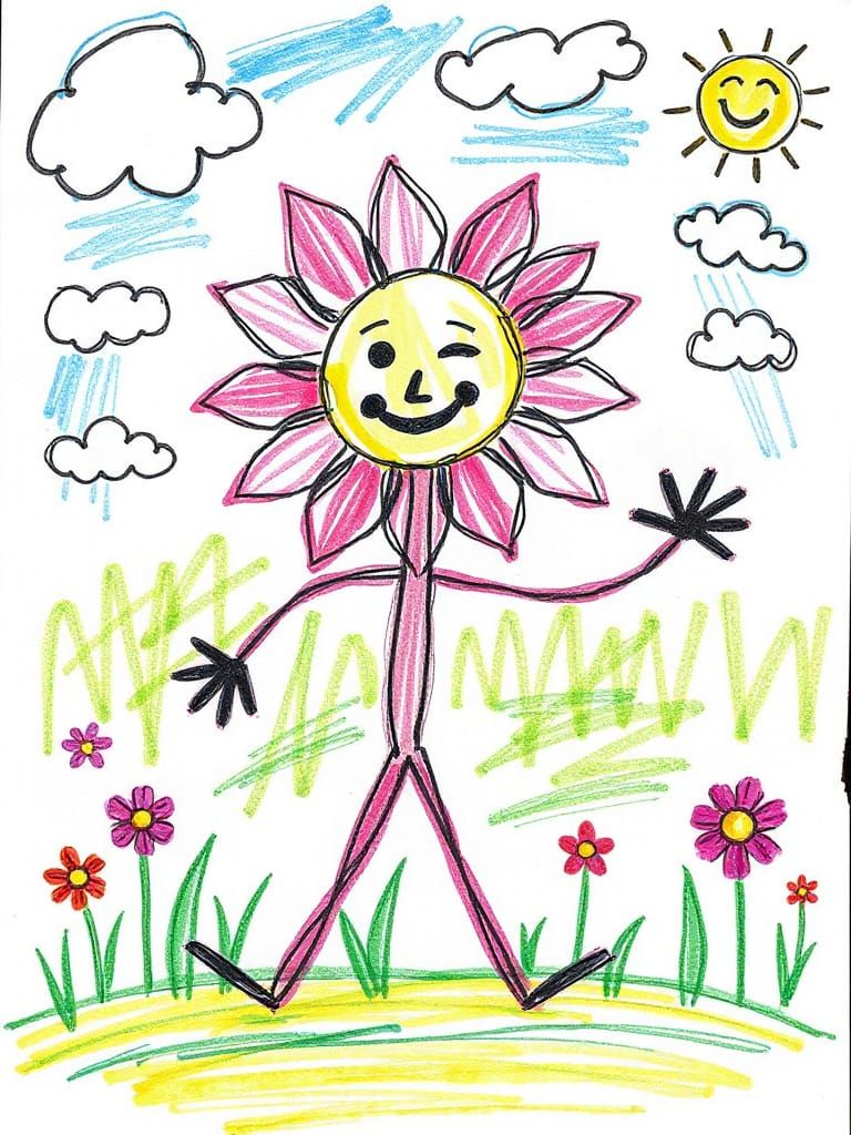 Messy Crayon Drawing: Stick Figure with Flower Head