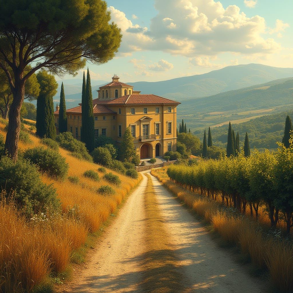 Roman Villa in Tuscan Hills, Art Nouveau Style