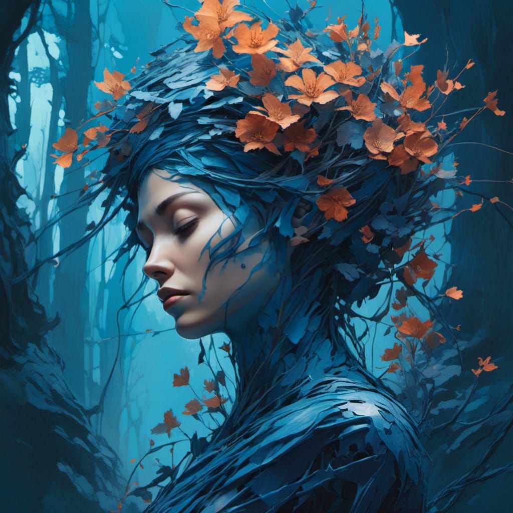 Blue Avatar Woman in Forest with Flowers