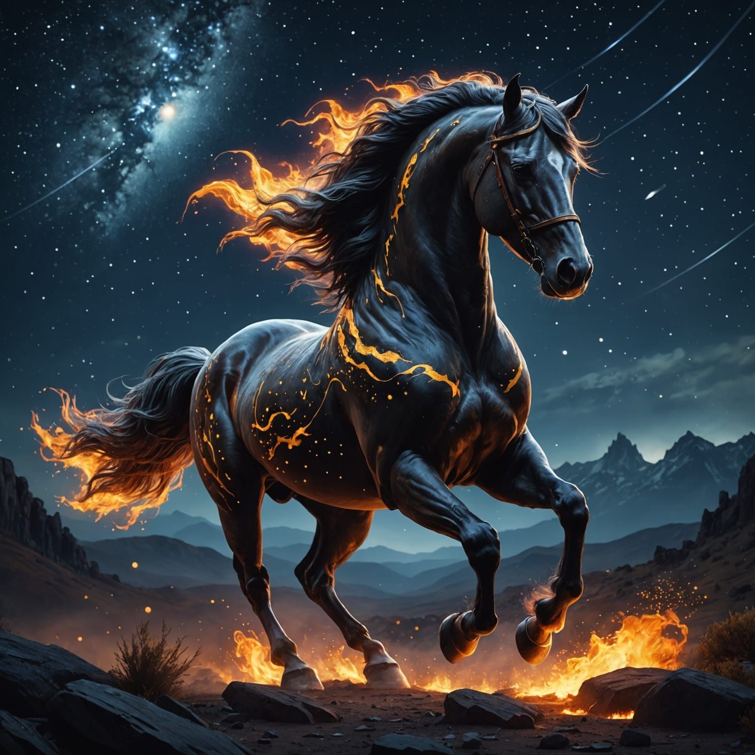 Fiery Horse Amidst Starry Night, Digital Painting