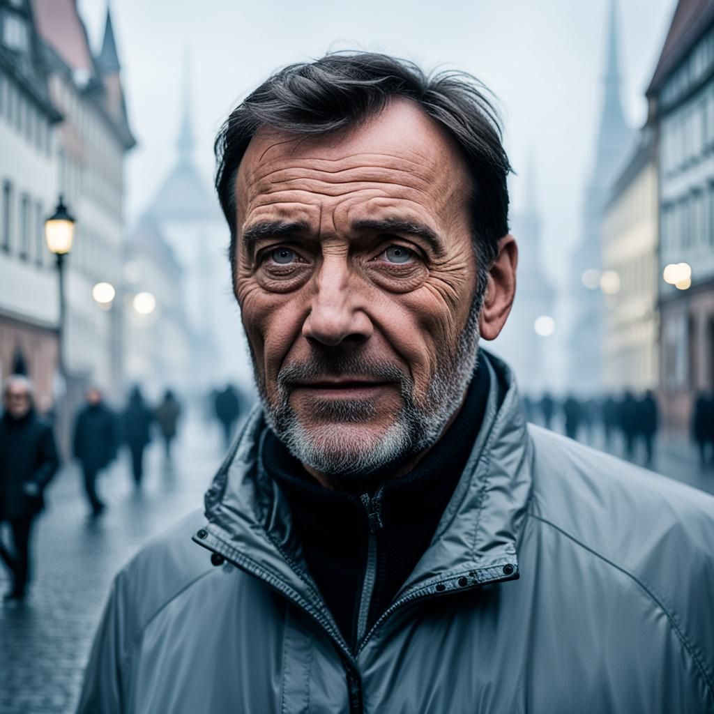 Man's Look of Wonder in Foggy Nuremberg