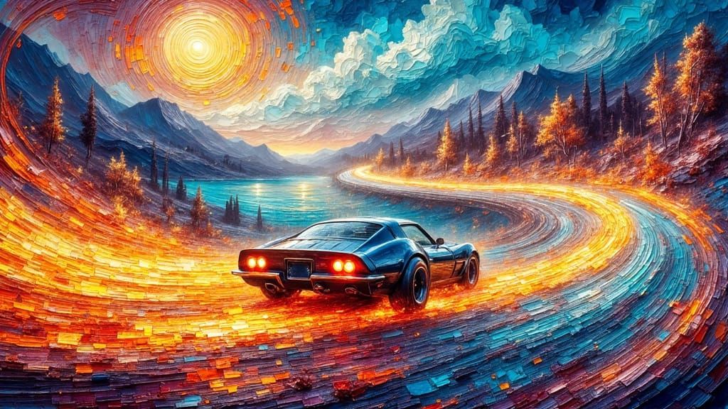 Speeding Car with Dreams on Fire: Impasto Oil Painting