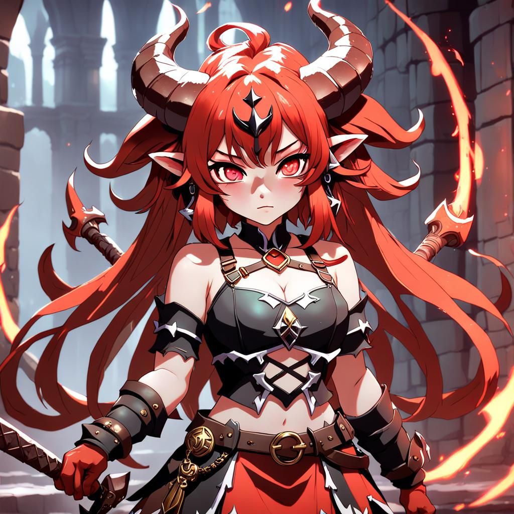 Anime Tiefling Barbarian Warrior Girl in 3D