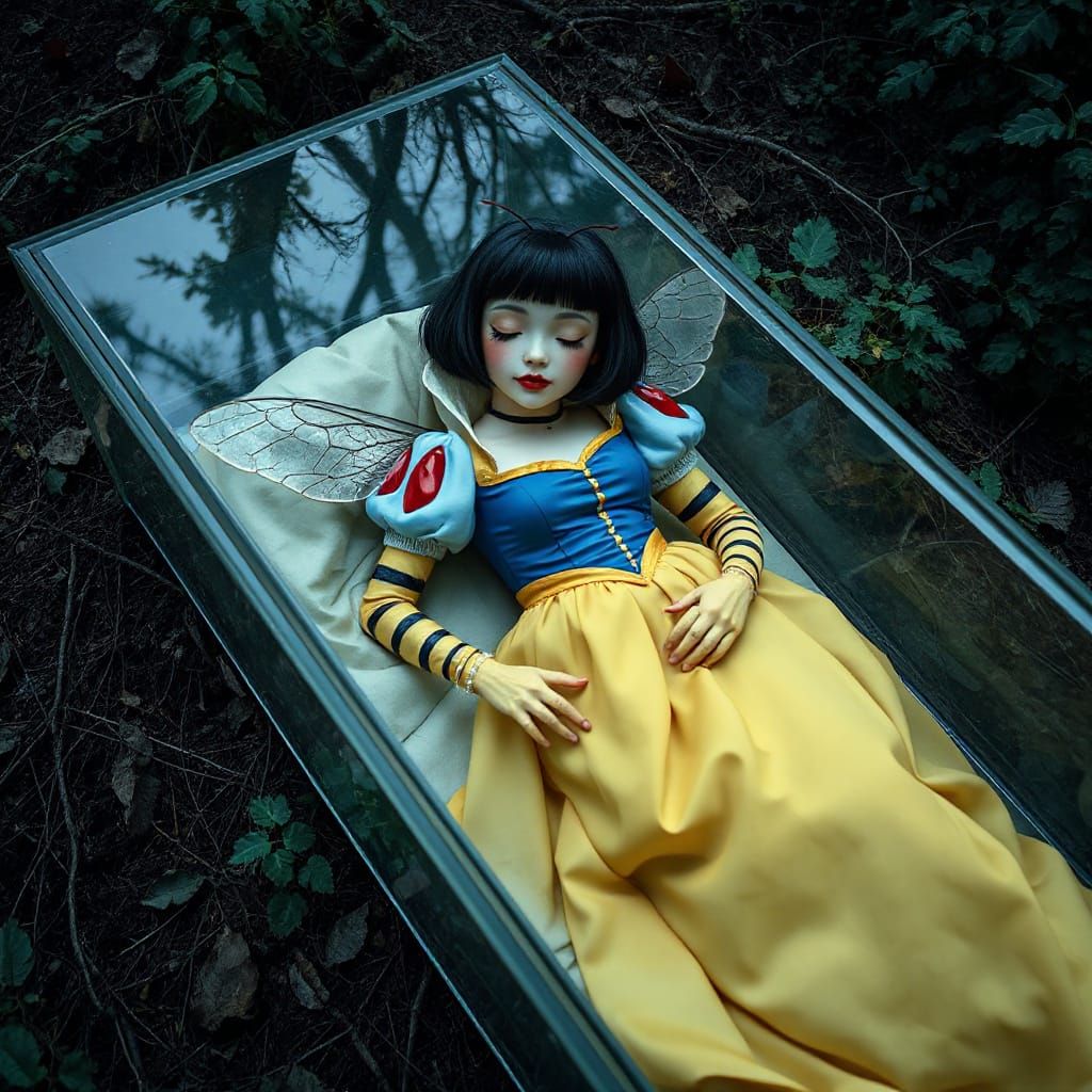 Anthropomorphic Bee-Woman in Glass Coffin in Dark Forest