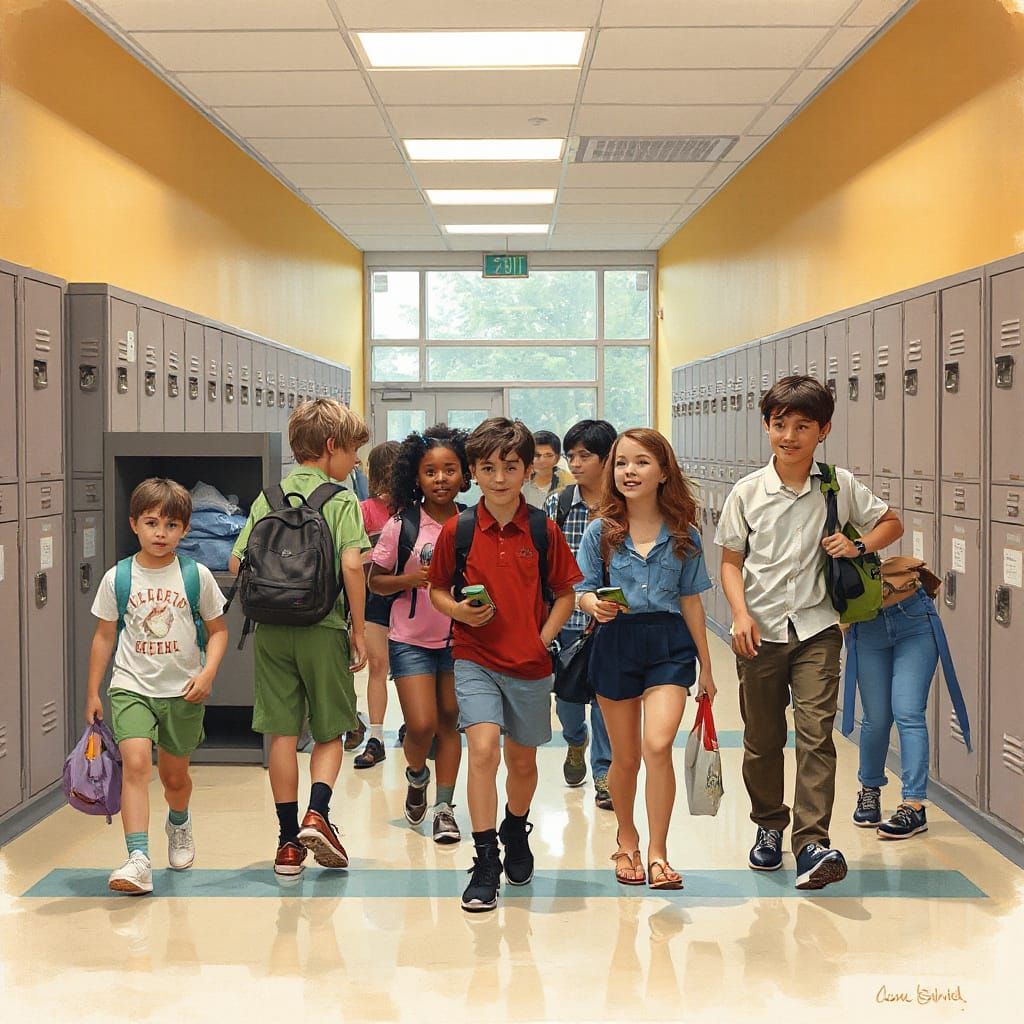 Lively School Hallway Scene in Digital Painting Style
