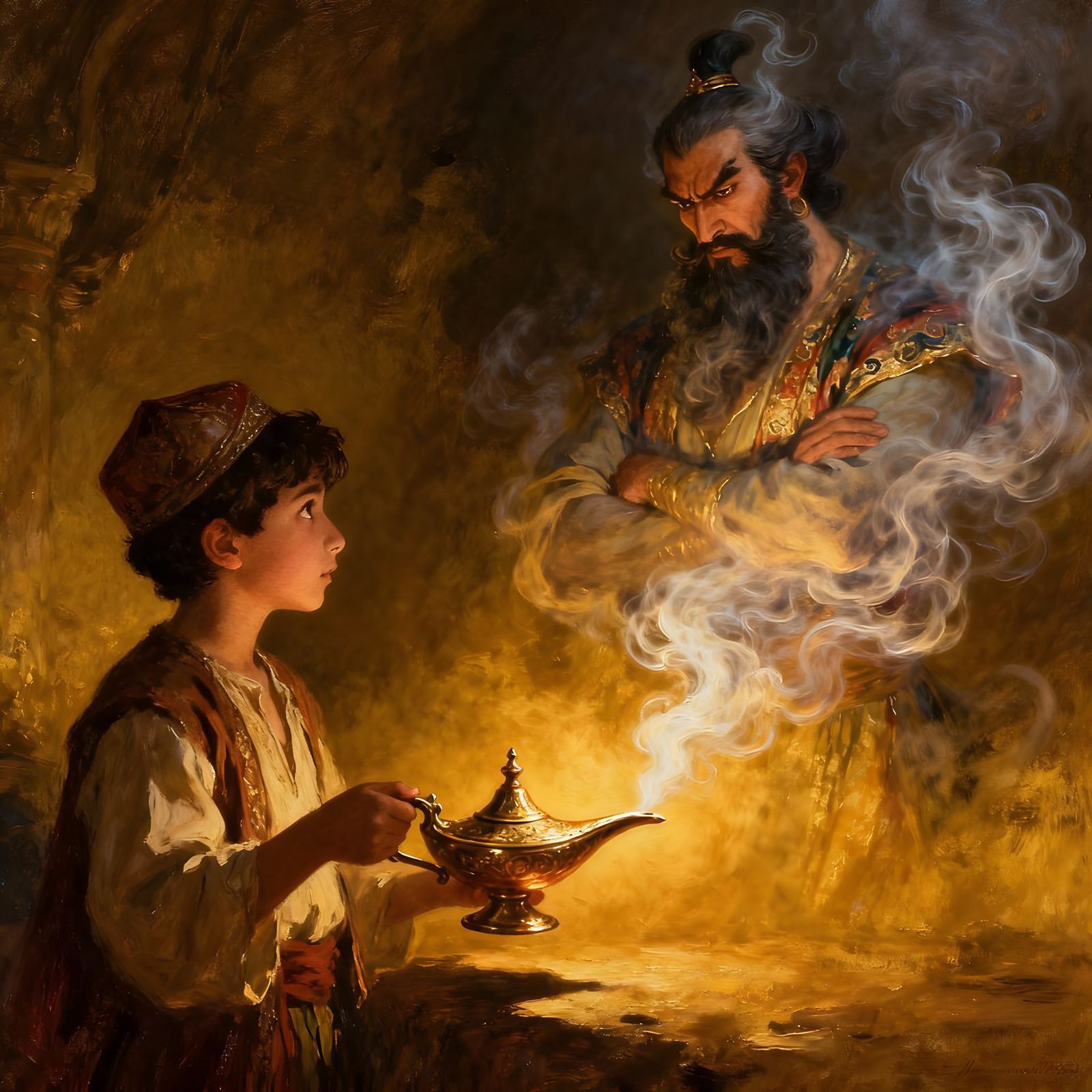 Aladdin Releases a Smoky Genie from an Oil Lamp