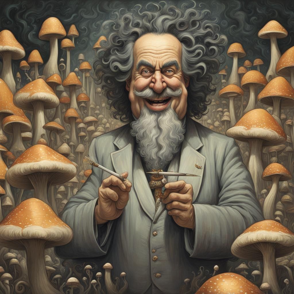 Huge fatman slick hair smoking mushrooms chuckling grin.oil on canvas charcoal drawing wet brush sharp focus panorama Ci...