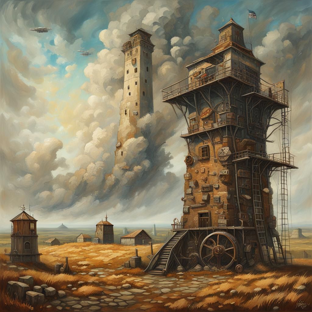Dystopian Watchtower Over Mixry: Oil on Canvas