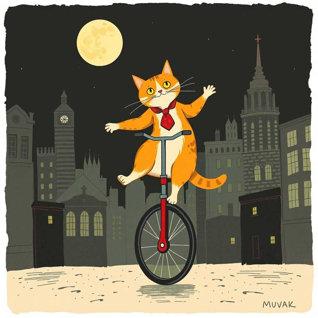 Whimsical Feline Acrobat in a Dark Metropolis