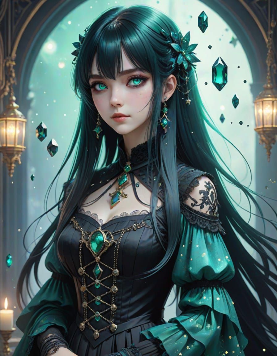 Ethereal Gothic Lolita in Emerald Dreamscape