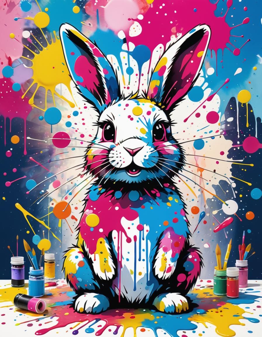 Whimsical Bunny in Colorful Ink Splatter Studio