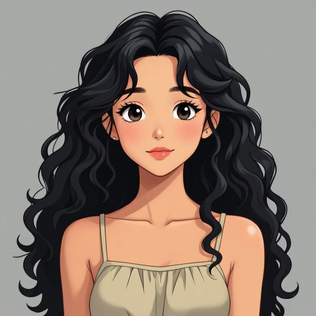 Angelic Young Woman with Black Curly Hair in Anime Style